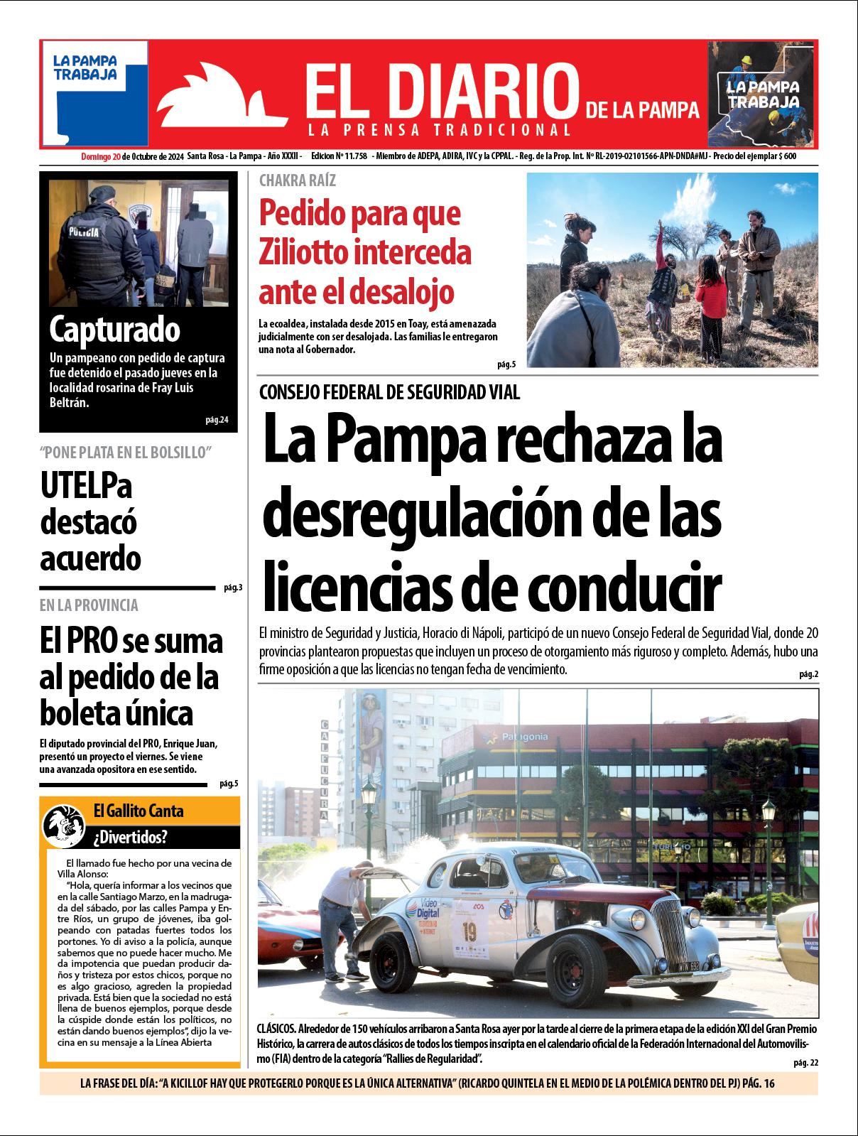 Tapa de El Diario en papel  domingo 20 de octubre de 2024